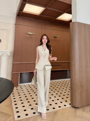 ✨ JARIYA NEW ARRIVAL ✨ 🗝️52615 👖👚 PREMIUM LACE TROUSER SET CREAM